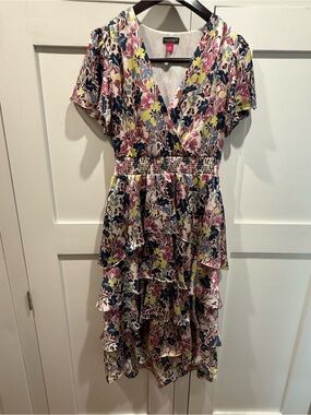 Vince Camuto Floral High-Low Ruffled Dress in Pink, Navy & Yellow